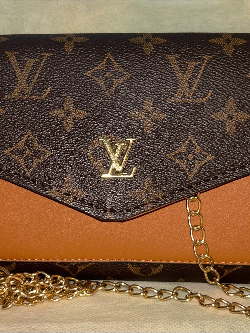 Inspired Louis Vuitton Monogram Brown and Tan Chain Clutch with Gold Hardware